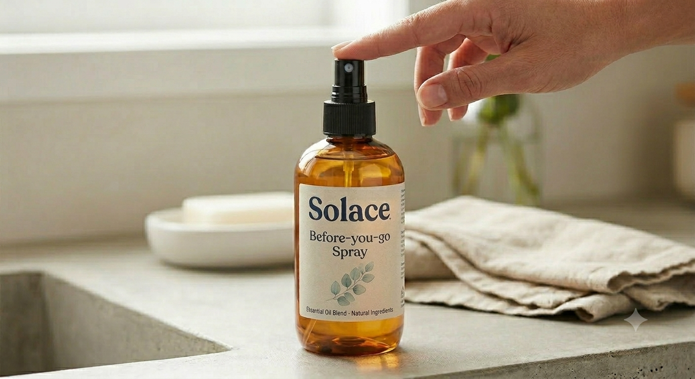 A hand pressing the nozzle of a 250ml Solace Before-you-go Spray bottle on a bright bathroom countertop
